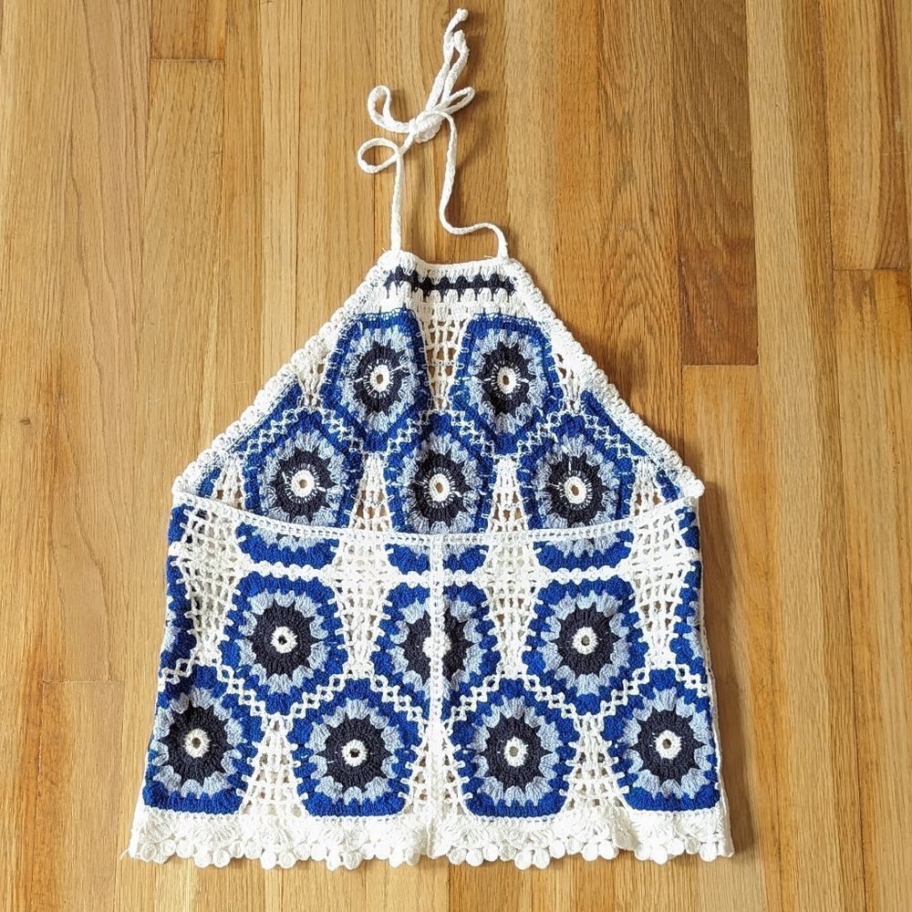Granny Square evil eye crochet blue and white halterneck tank top - Picture 2 of 3